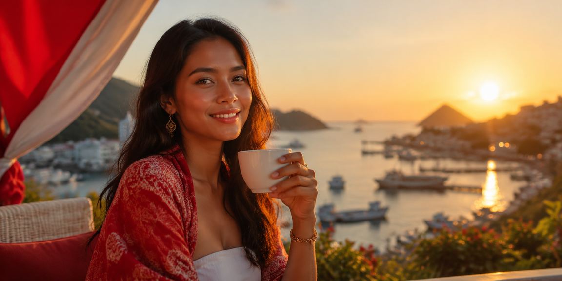 Pemain menikmati pengalaman bermain premium di platform hiburan online sambil minum kopi