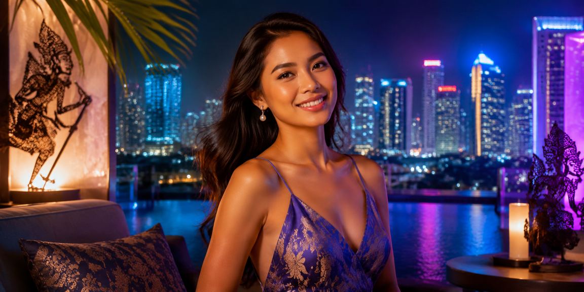Suasana hiburan malam dengan cahaya neon yang mencolok dan aktivitas permainan digital
